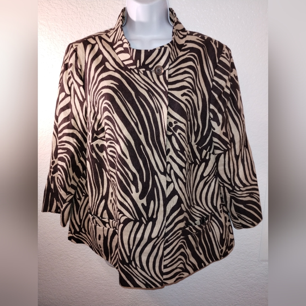 Charter Club Blazer 100% Linen Brown Tan Animal Print sz 14